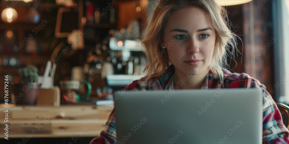A person sitting in front of a laptop computer with a calm expression