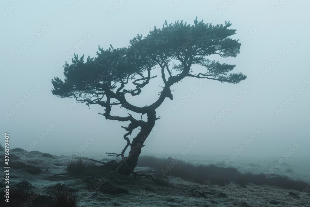 Fototapeta premium Twisted pine tree silhouette in misty landscape