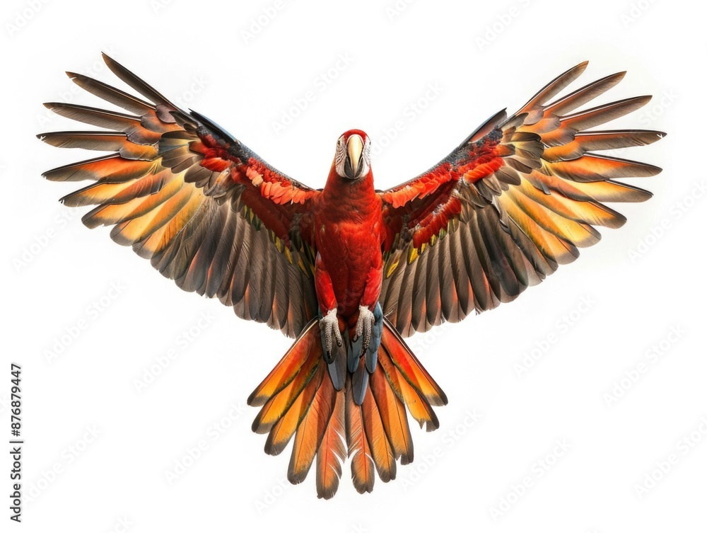 Fototapeta premium A bright red and yellow bird soars through the air, its feathers glistening in the sunlight