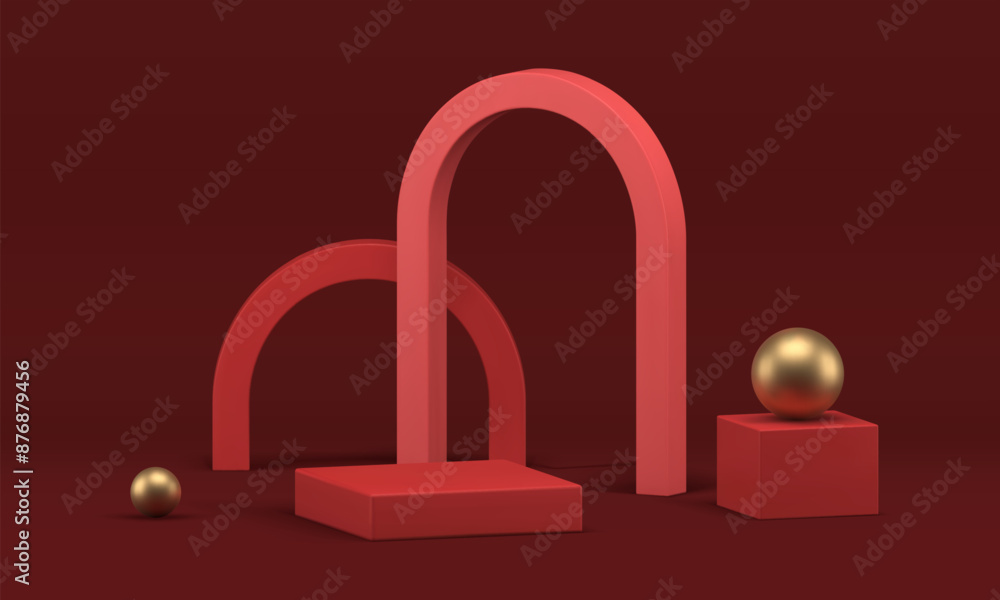 Red luxury 3d podium pedestal with arch for product show realistic vector illustration Red luxury 3d podium pedestal with arch for product show realistic vector illustration