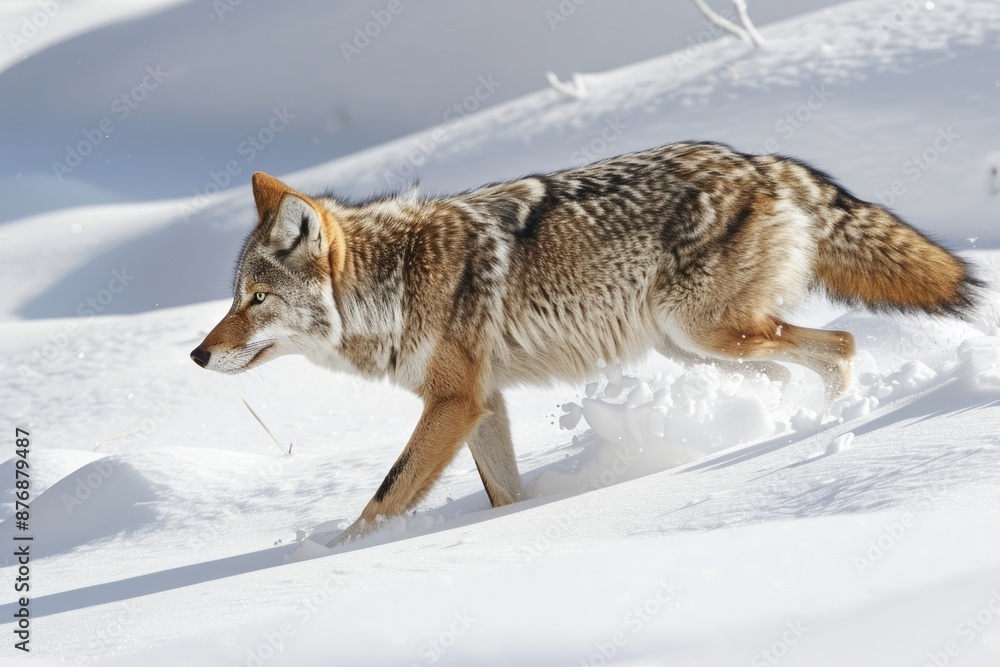 A large coyote in full winter coat makes his way through deep snow in Yellowstone National Park’s Hayden Valley. A large coyote in full winter coat makes his way through deep snow in Yellowstone National Park’s Hayden Valley.