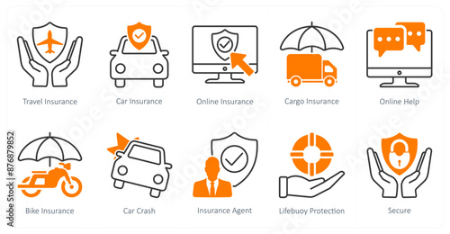 A set of 10 Mix icons as travel insurance, car insurance, online insurance