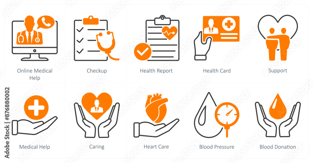 A set of 10 Mix icons as online medical help, checkup, health report A set of 10 Mix icons as online medical help, checkup, health report