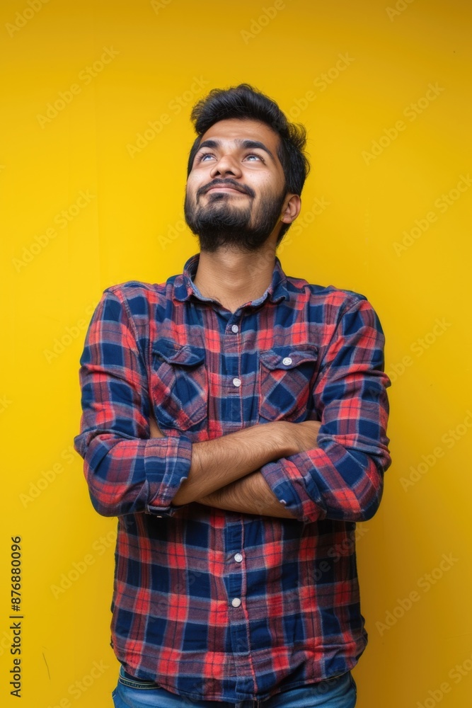 A person standing with their arms crossed, gazing upwards A person standing with their arms crossed, gazing upwards