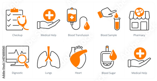 A set of 10 Mix icons as checkup, medical help, blood transfusion