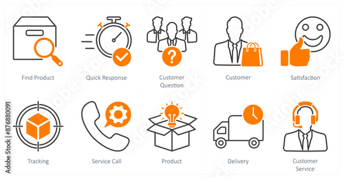 A set of 10 Mix icons as find product, quick response, customer question