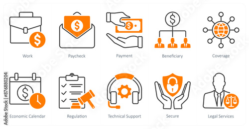 A set of 10 Mix icons as work, pay check, payment