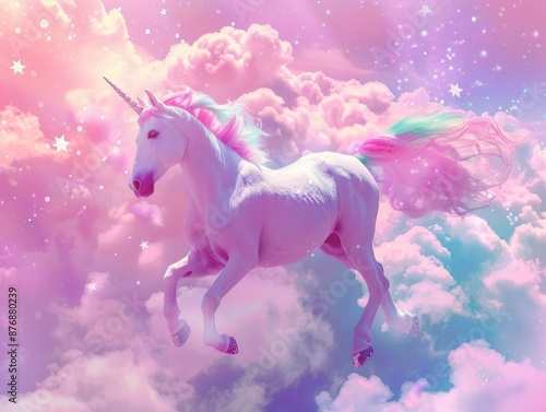 A majestic unicorn soars through fluffy white clouds in the sky, symbolizing magic and wonder © vefimov