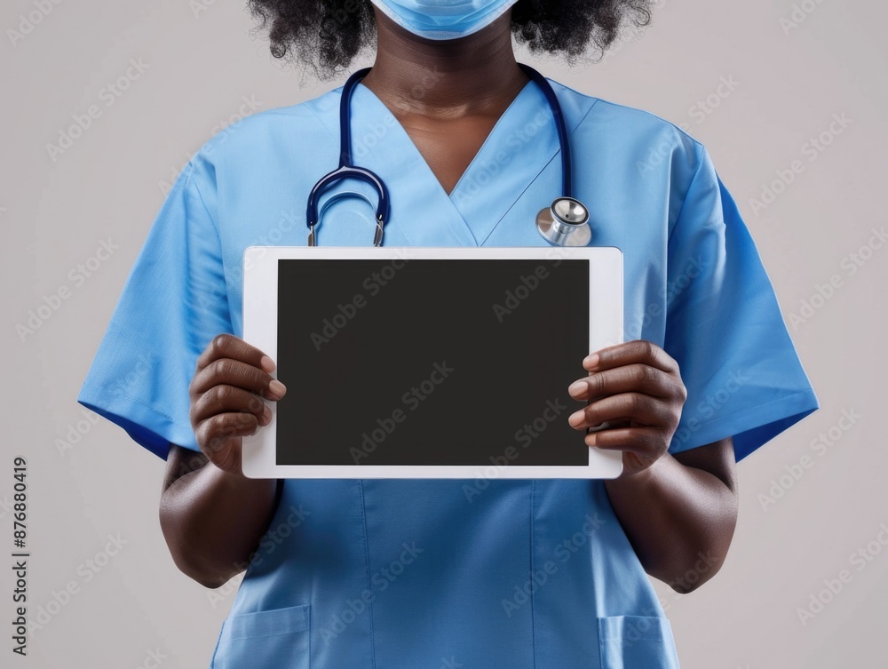 A woman holds a tablet computer in a blue scrub suit, ready for work or education A woman holds a tablet computer in a blue scrub suit, ready for work or education
