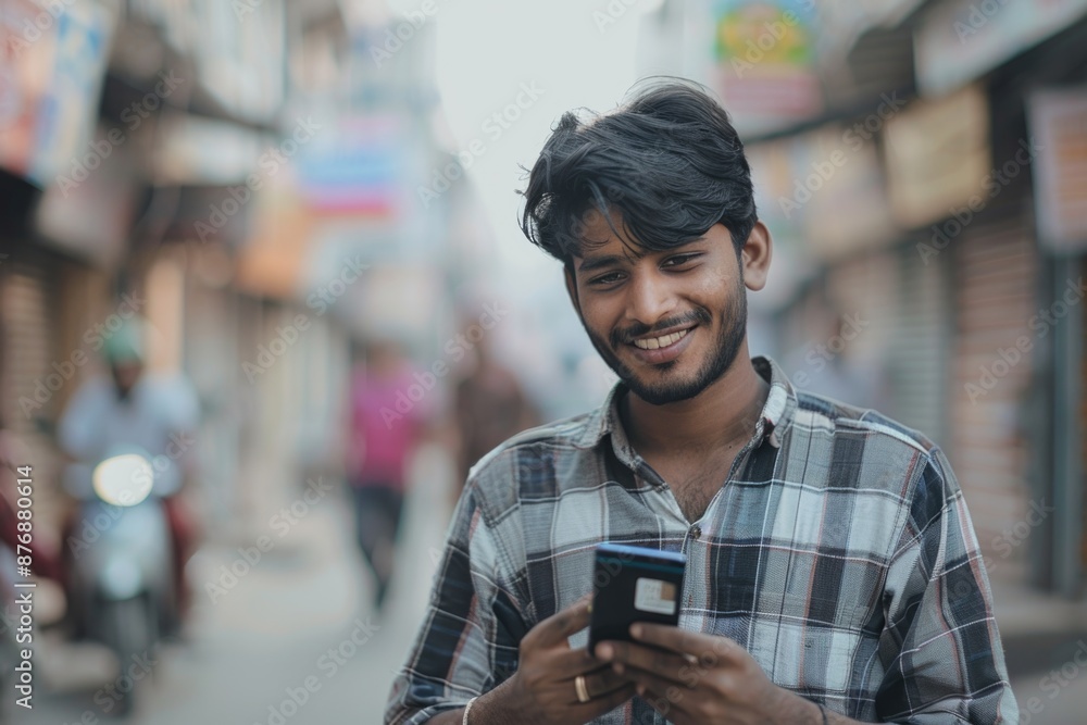 A person smiling while looking at their cell phone A person smiling while looking at their cell phone