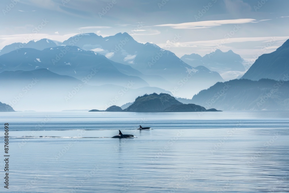 Obraz premium A pair of resident Orcas cruise the waters of Kenai Fjords National Park in Alaska. The Gulf of Alaska and several small islands can be seen in the background