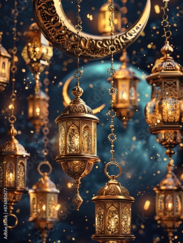 A bunch of gold lanterns hang from a ceiling, ideal for decorative purposes or as a creative prop © vefimov