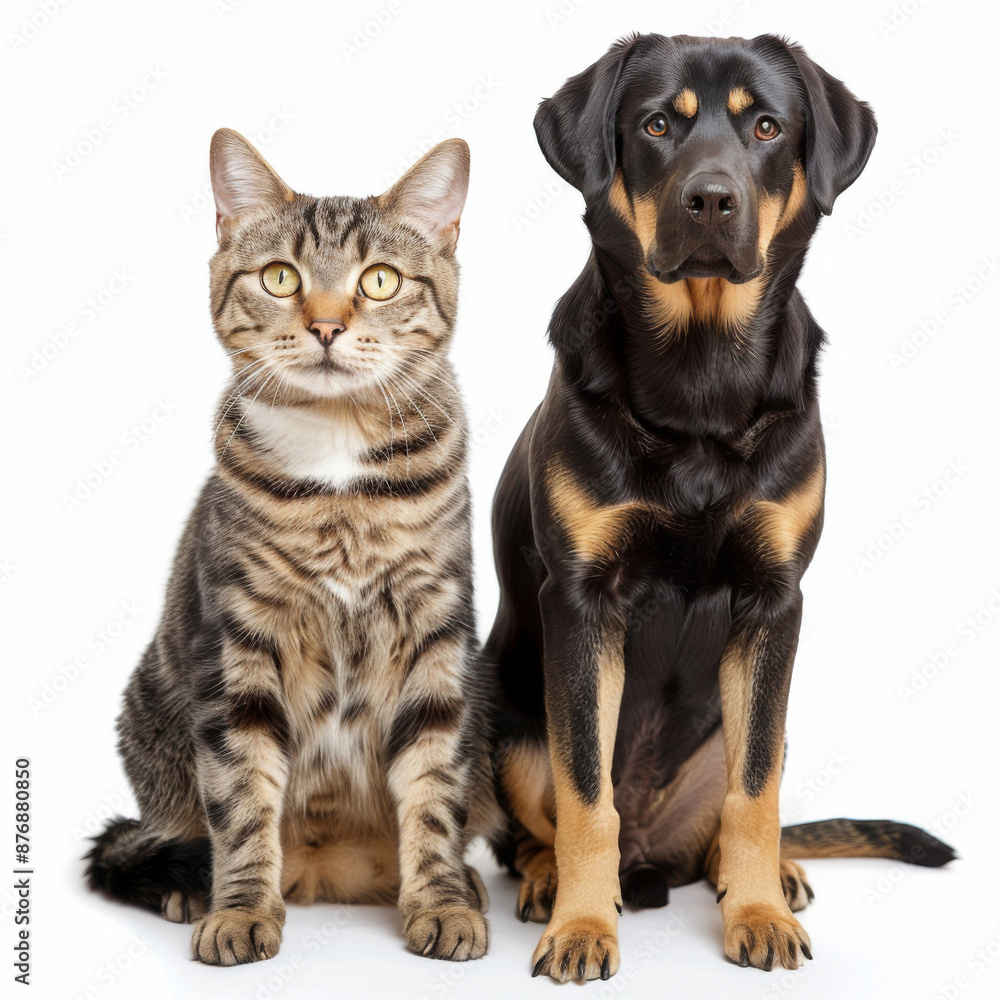Cat and dog sitting side by side on white background, AI generated Image Cat and dog sitting side by side on white background, AI generated Image