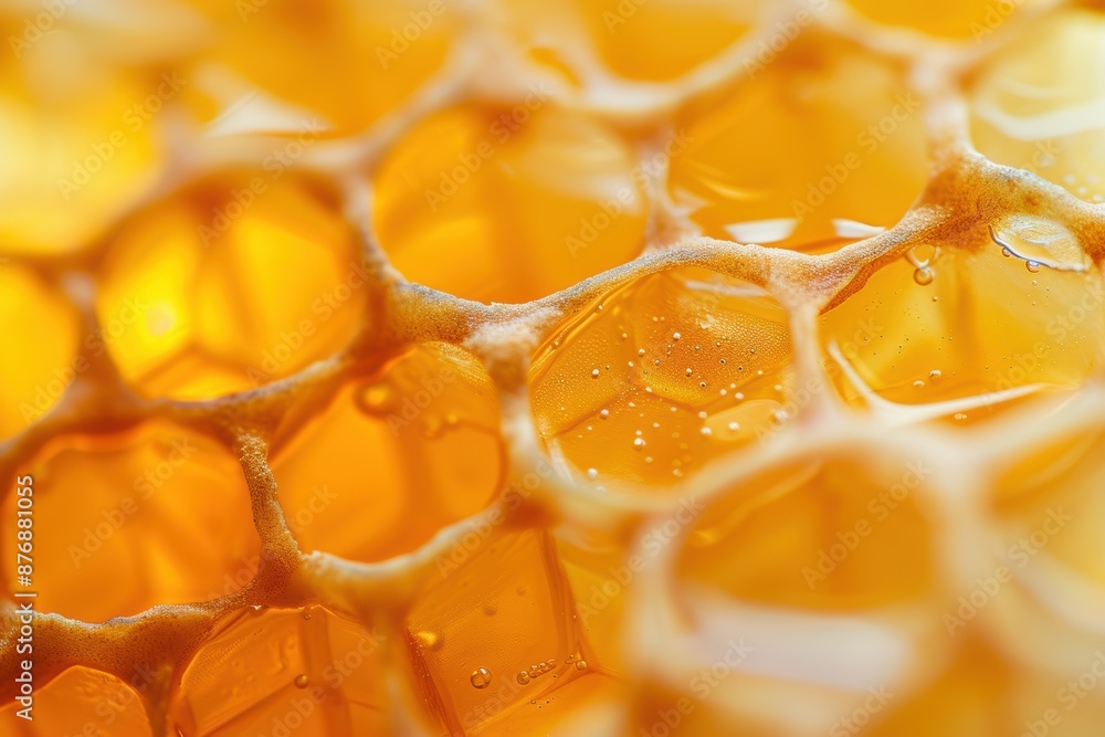 Closeup of honeycomb structure filled with golden honey Closeup of honeycomb structure filled with golden honey