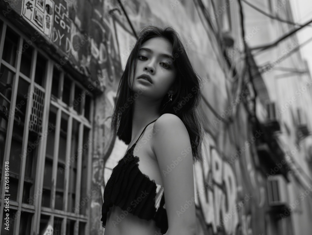 Naklejka premium A woman stands in front of a building with an urban landscape