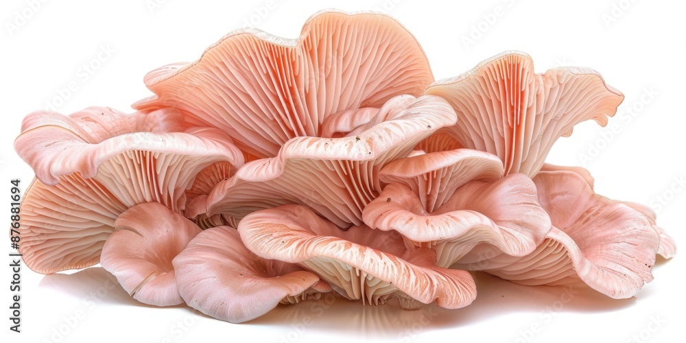 A cluster of pink mushrooms growing on a white surface, ideal for use in health and wellness or food-related designs A cluster of pink mushrooms growing on a white surface, ideal for use in health and wellness or food-related designs