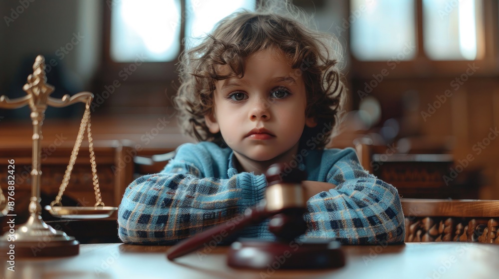 Cute child and mother at table with gavel of judge blurred in background, family law concept Cute child and mother at table with gavel of judge blurred in background, family law concept