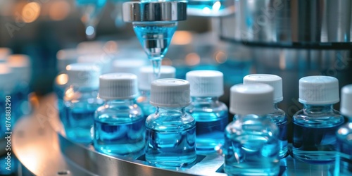 Close-up shot of bottled water on a moving conveyor belt, suitable for commercial or industrial use