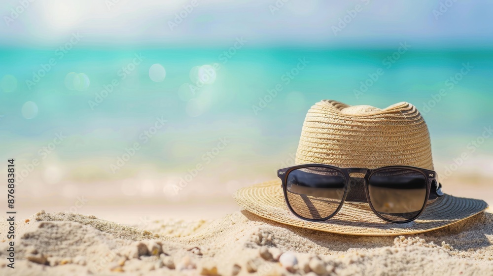 A straw hat and sunglasses rest on a sandy beach with a blurred turquoise ocean in the background, symbolizing a relaxing summer vacation. A straw hat and sunglasses rest on a sandy beach with a blurred turquoise ocean in the background, symbolizing a relaxing summer vacation.