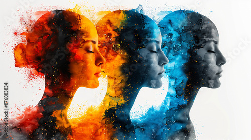 Three women portrait, red and blue inspiring mental conflicts, emotional struggles, perfect for wallpaper or mental health concept