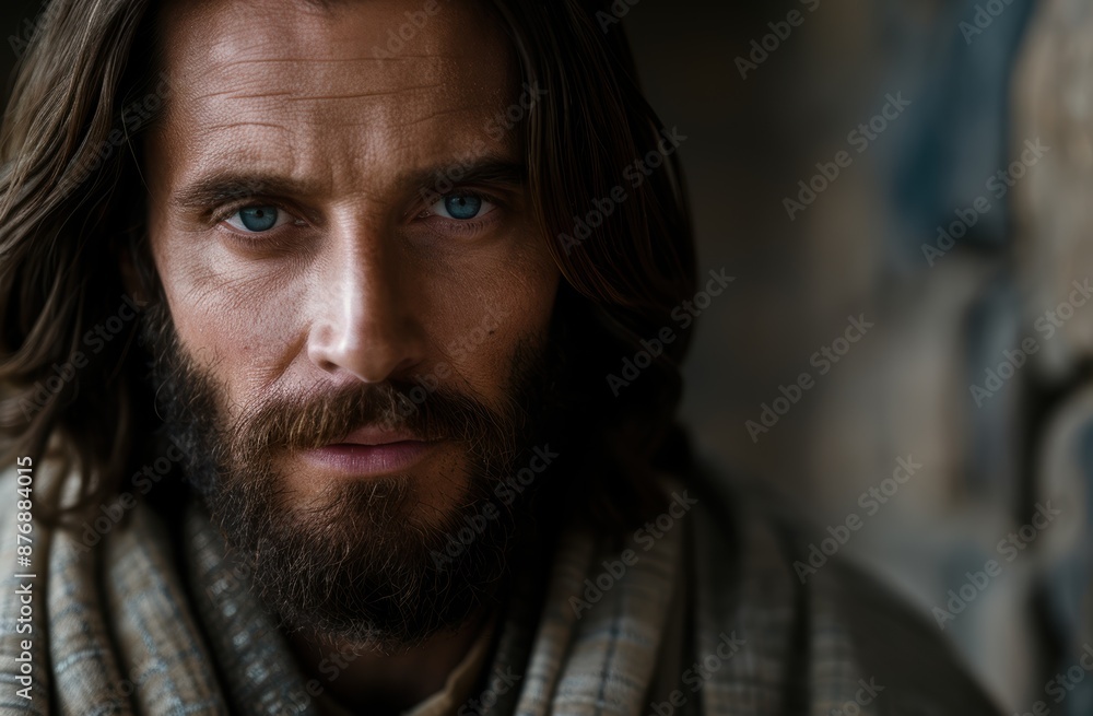 Pensive man with long hair and beard Pensive man with long hair and beard