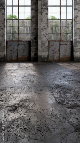 Abandoned industrial interior with cracked concrete floor and rusted metal doors