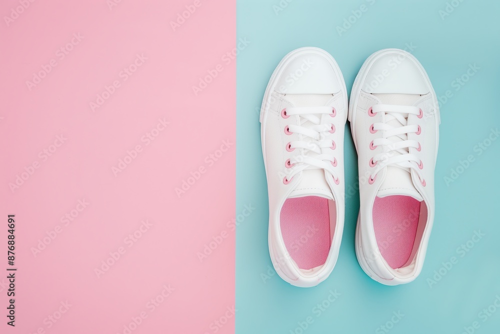 New pink and white sneakers on a split pink and turquoise background, highlighting trendy and casual footwear New pink and white sneakers on a split pink and turquoise background, highlighting trendy and casual footwear