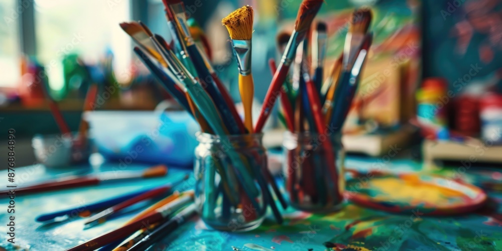 Fototapeta premium A collection of paint brushes sits on a table