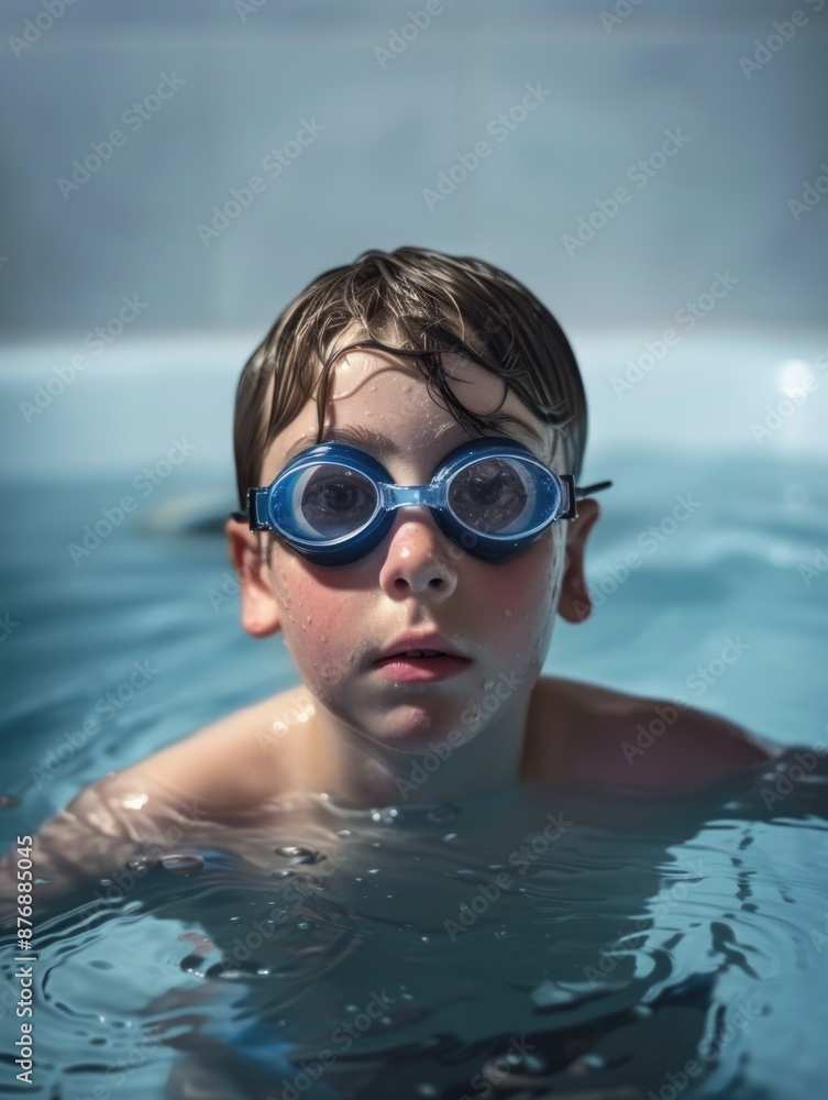 Naklejka premium A young boy wears goggles and swims in a pool