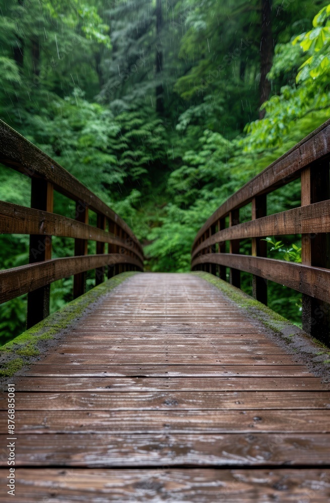 Fototapeta premium Wooden bridge in lush green forest