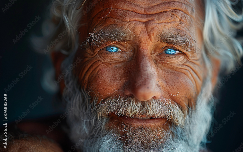 A close-up portrait of an older man with white hair and beard, focusing on his blue eyes and wrinkled face A close-up portrait of an older man with white hair and beard, focusing on his blue eyes and wrinkled face