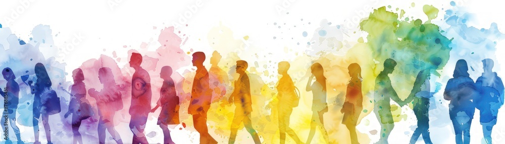 A group of people walking in a rainbow line. The people are of different ages and colors. Concept of unity and diversity among the people A group of people walking in a rainbow line. The people are of different ages and colors. Concept of unity and diversity among the people