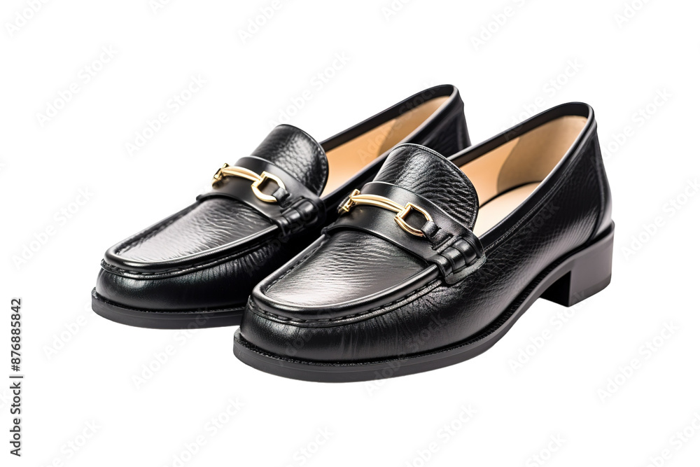 Black Leather Loafers With Gold Buckle Detail for a Classic Look. on a White or Clear Surface PNG Transparent Background. Black Leather Loafers With Gold Buckle Detail for a Classic Look. on a White or Clear Surface PNG Transparent Background.