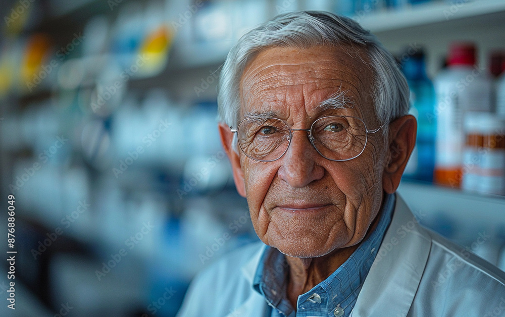 Fototapeta premium A senior man wearing glasses and a lab coat stands in a pharmacy, looking directly at the camera with a slight smile