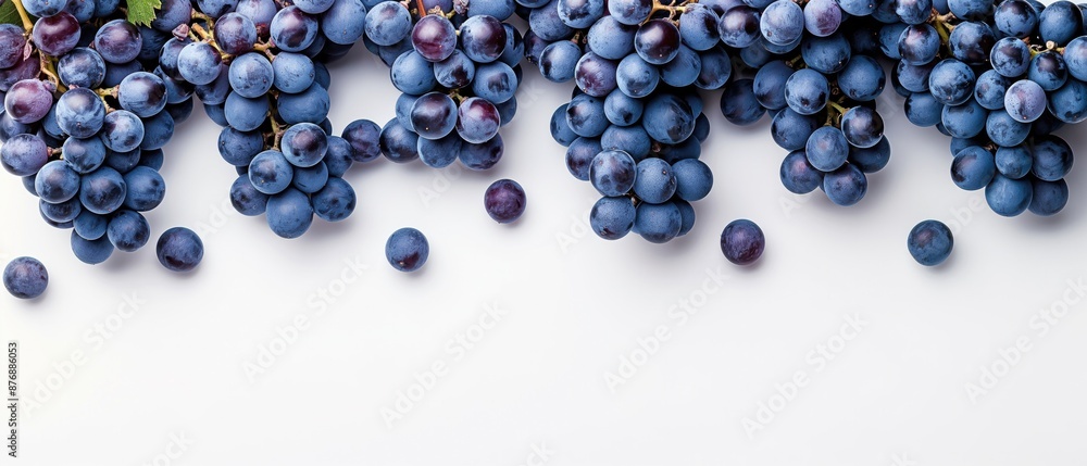Fresh Blue Grapes with Green Leaves Forming a Border on White Background with Copy Space Fresh Blue Grapes with Green Leaves Forming a Border on White Background with Copy Space