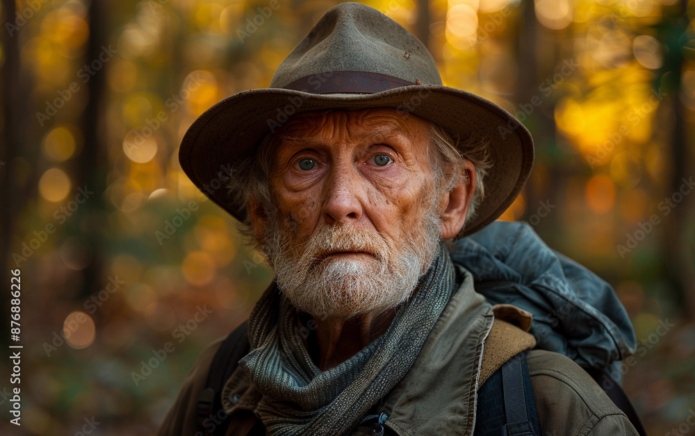 A man with a long, white beard and a hat stands in a forest, wearing a scarf and looking directly at the camera. The background is blurred A man with a long, white beard and a hat stands in a forest, wearing a scarf and looking directly at the camera. The background is blurred