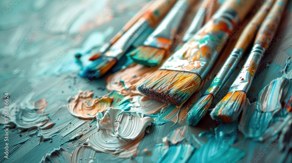 A collection of messy paint brushes with vibrant strokes of paint, capturing the creative and artistic process. A collection of messy paint brushes with vibrant strokes of paint, capturing the creative and artistic process.