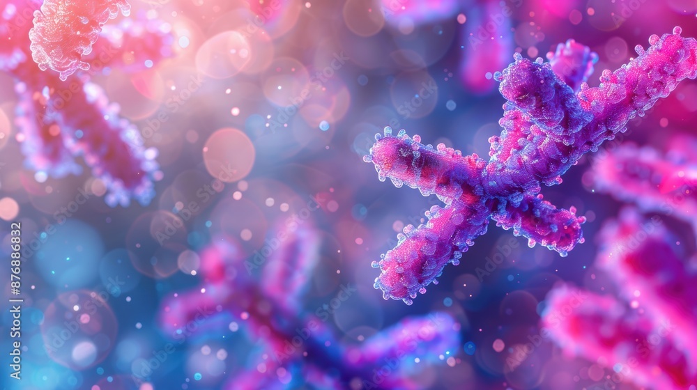 A detailed close-up of chromosomes with a bokeh effect, highlighting their structure and vibrant colors. A detailed close-up of chromosomes with a bokeh effect, highlighting their structure and vibrant colors.