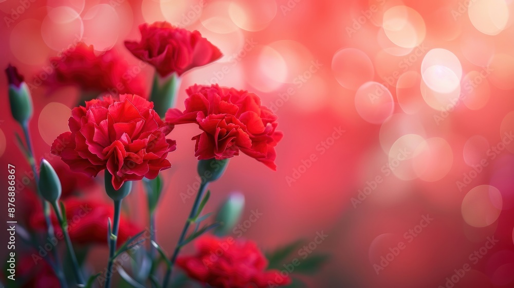Vibrant red carnations in bloom with a soft bokeh background, creating a romantic and elegant floral scene. Vibrant red carnations in bloom with a soft bokeh background, creating a romantic and elegant floral scene.