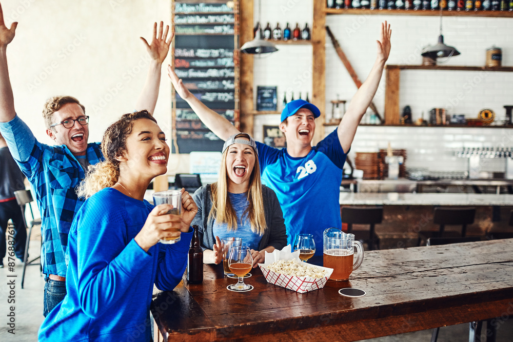 Ταπετσαρία Sports, excited and people in pub with celebration, tv and fans with beer at world cup broadcast