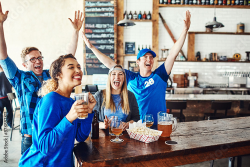Canvas Print Sports, excited and people in pub with celebration, tv and fans with beer at world cup broadcast