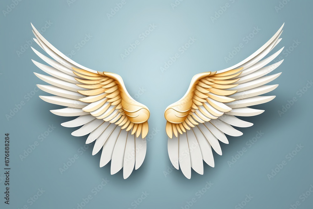 Obraz premium An illustration of a pair of detailed angel wings with white and gold feathers.