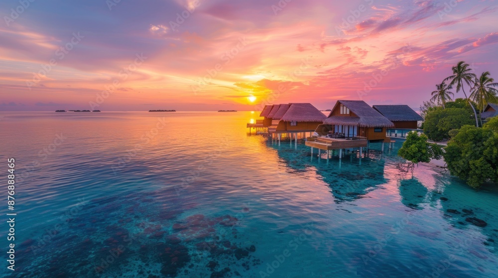 Tropical Sunset Over Water Villas in the Maldives Tropical Sunset Over Water Villas in the Maldives