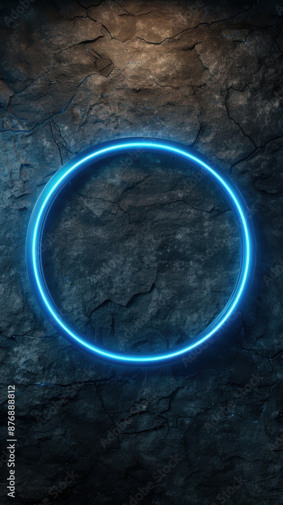 Glowing neon ring on dark cracked stone background Glowing neon ring on dark cracked stone background