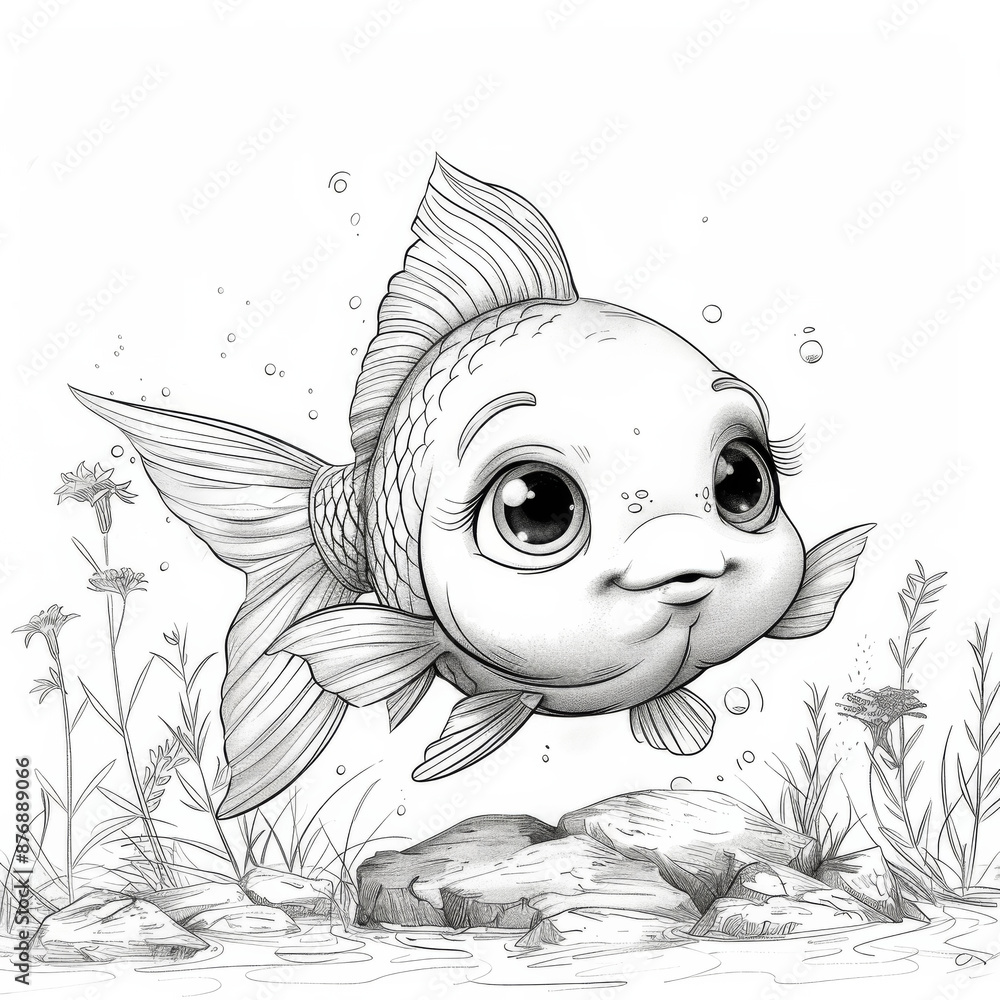 Fototapeta premium Funny fish cartoon characters, illustration for kids coloring book.