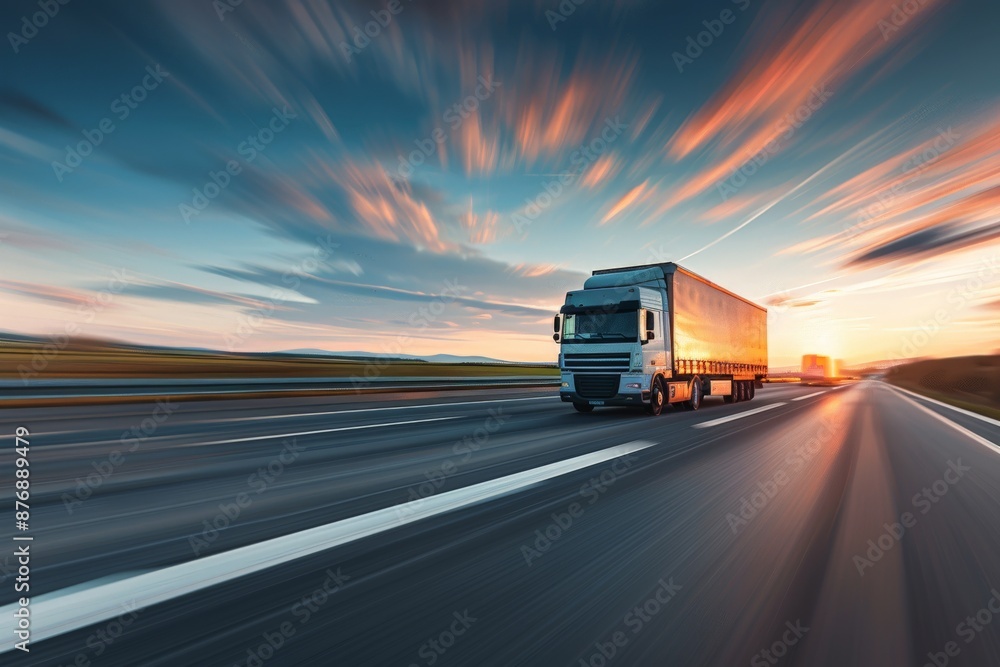 Semi-Truck Driving on a Highway at Sunset Semi-Truck Driving on a Highway at Sunset