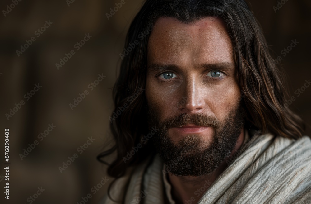 Intense gaze of a bearded man with long dark hair Intense gaze of a bearded man with long dark hair
