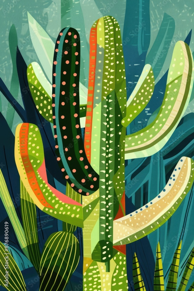 A drawing of a cactus with green leaves and orange spots A drawing of a cactus with green leaves and orange spots