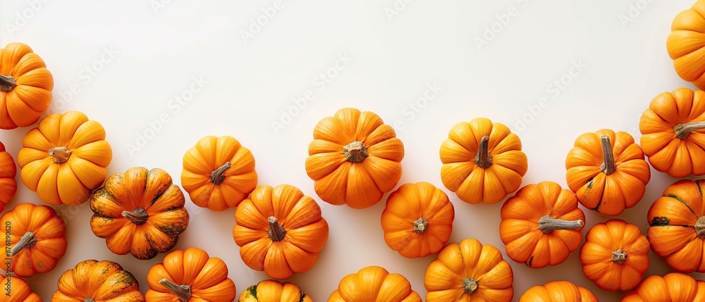 Orange Mini Pumpkins Arranged on White Background, Autumn Harvest Decoration Orange Mini Pumpkins Arranged on White Background, Autumn Harvest Decoration