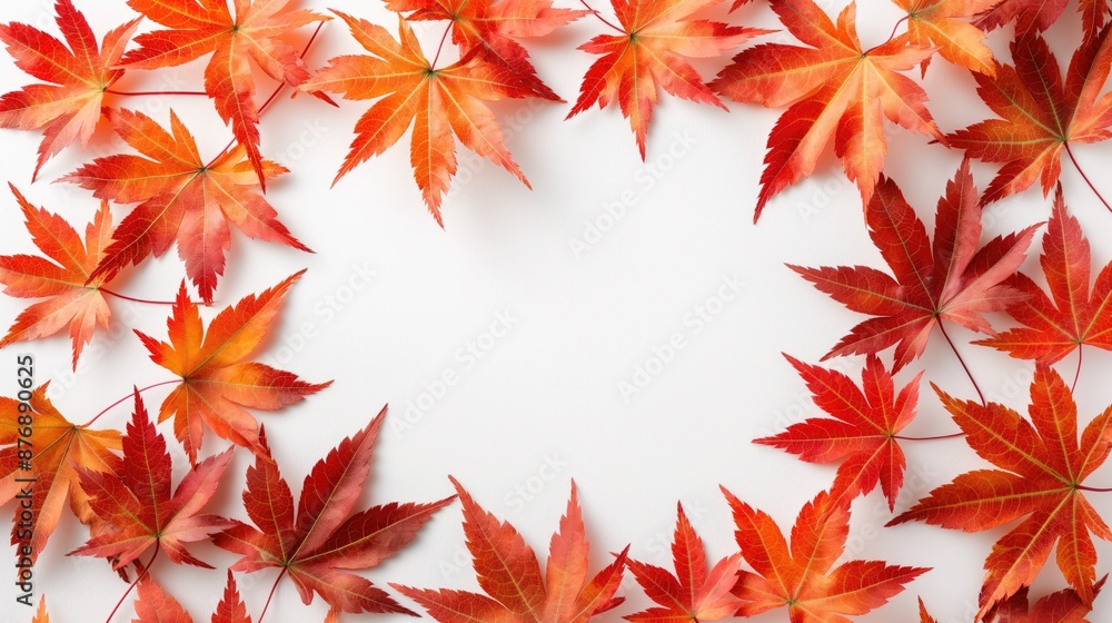Fototapeta premium Vibrant Red Maple Leaves Arranged in Circular Pattern on White Background, Autumn Concept